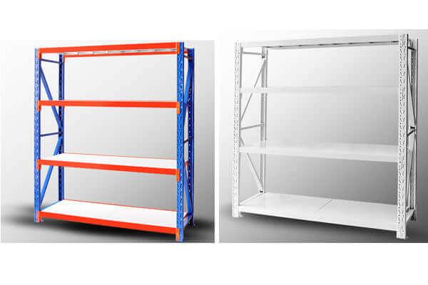 Two metal storage racks side by side, one with blue and orange frame, the other in white, both with four shelves