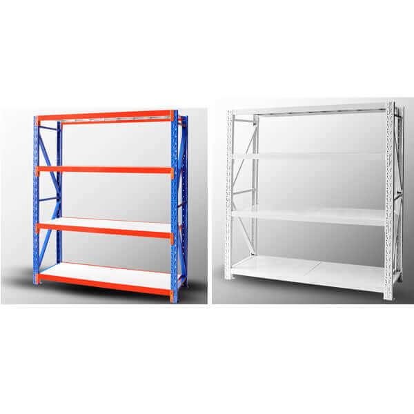 Two industrial metal storage racks, one blue and orange, one all white, empty with three shelves each