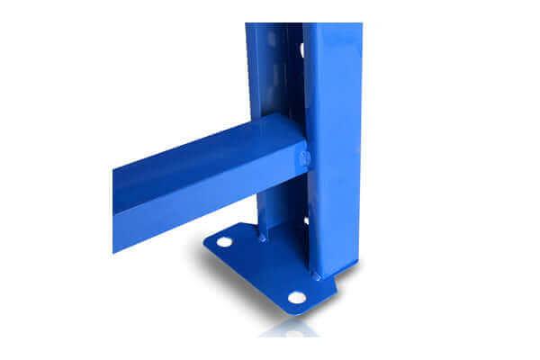 Close-up of blue metal shelving bracket and upright post with bolt holes on white background