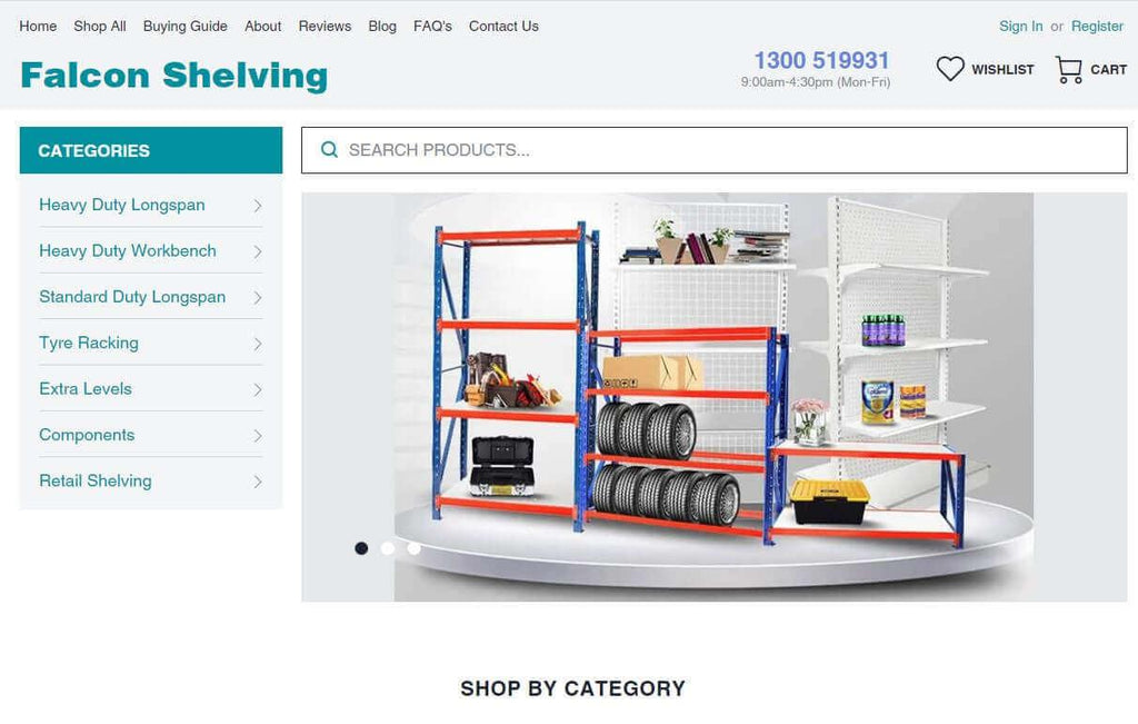 Industrial and retail shelving units displaying tools, tires, plants, and grocery items