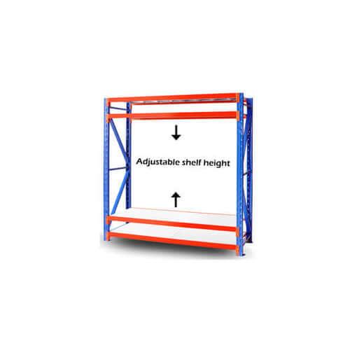 Blue and orange metal storage rack with adjustable shelf height, isolated on white background