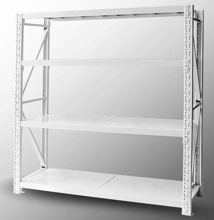 White metal heavy-duty storage shelving unit with three tiers against gray background