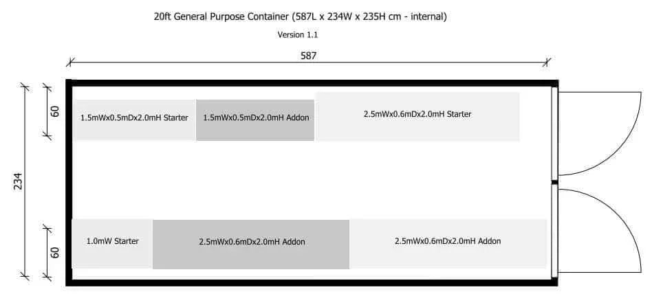 Floor plan of 20ft general purpose container showing dimensions and starter and addon compartments layout