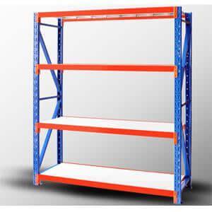 Blue and orange heavy duty longspan shelving rack with three white shelves on grey background