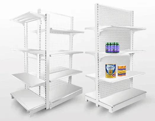 White metal supermarket shelves with a few baby food products on the right side