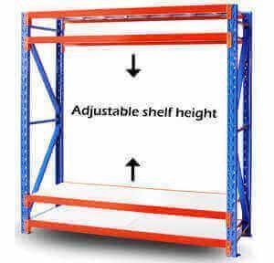 Industrial metal storage rack with adjustable shelf height, blue frame and orange shelves
