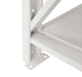 Close-up of white metal footplate with four holes on storage rack base for secure mounting