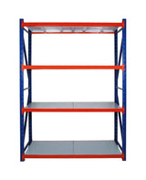 Falcon long span industrial shelving unit with blue frame and orange beams, three gray metal shelves