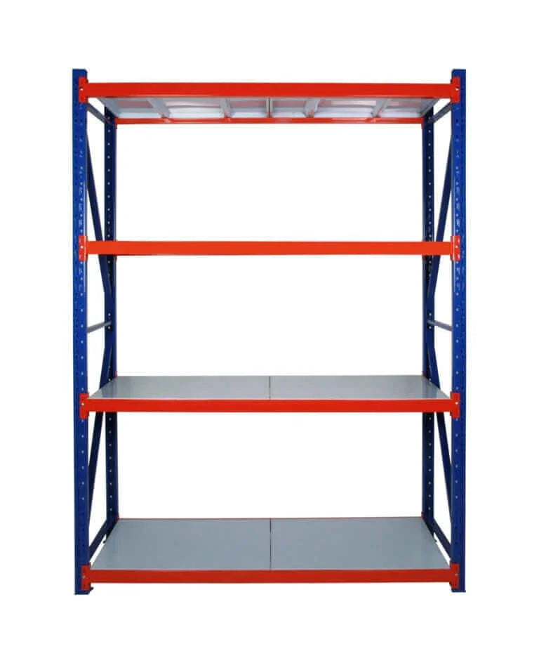 Falcon Long Span Standard industrial metal shelving unit with blue frame and red horizontal beams, four shelves