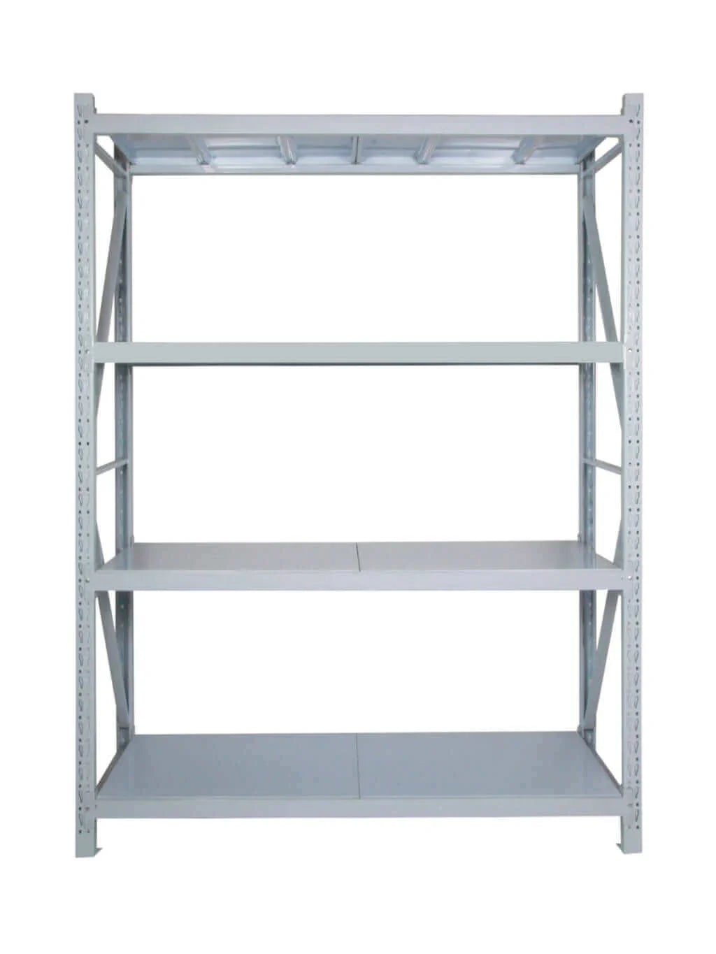 Falcon Standard Long Span heavy-duty grey metal shelving unit with four adjustable shelves