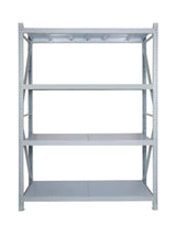 Falcon Standard Long Span heavy-duty grey metal shelving unit with four adjustable shelves
