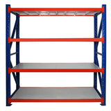Falcon long span industrial shelving with blue frame and orange beams, 3 metal shelves