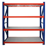 Falcon Long Span standard industrial shelving with blue frame and orange beams, three grey shelves