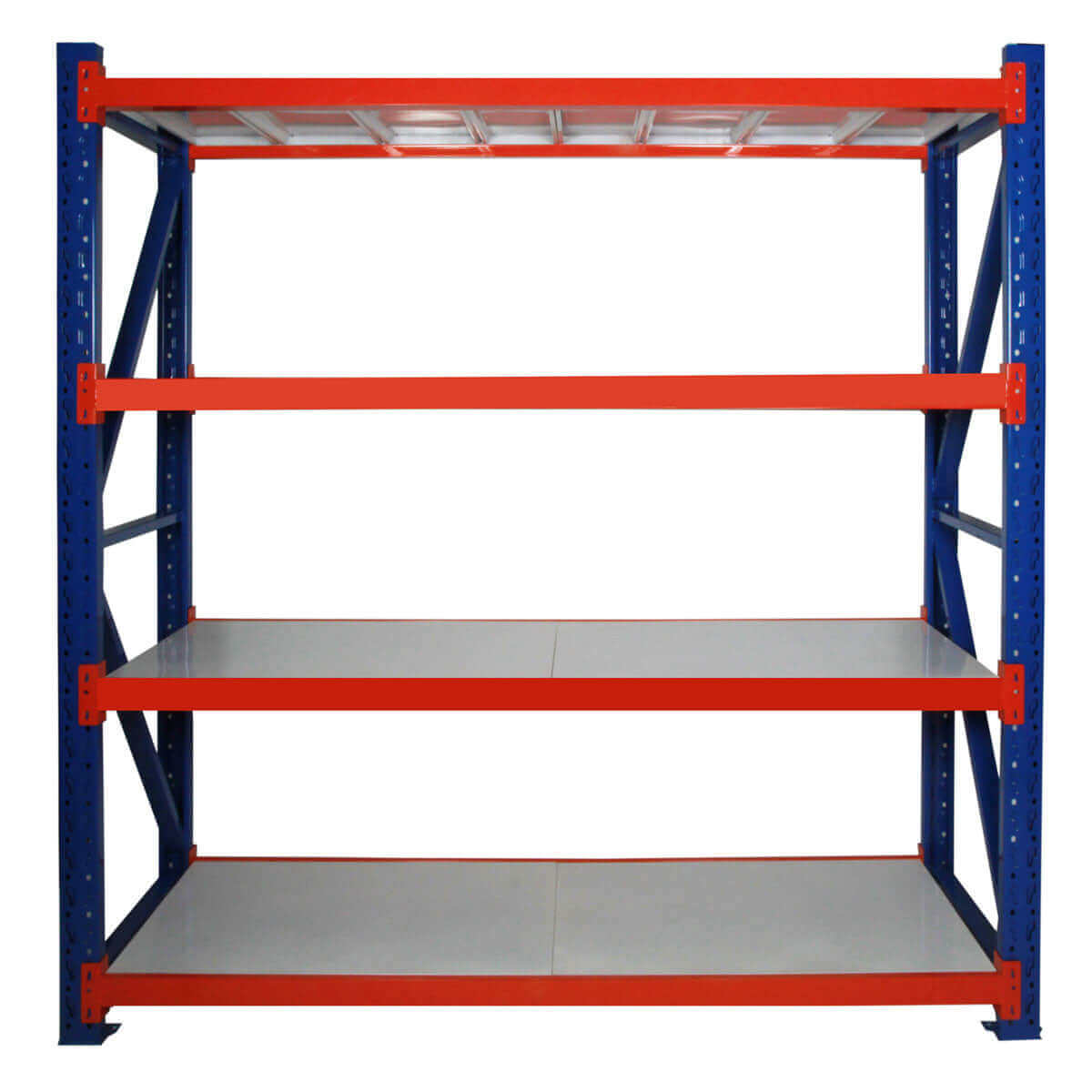 Falcon Long Span standard industrial shelving with blue frame and orange beams, three grey shelves