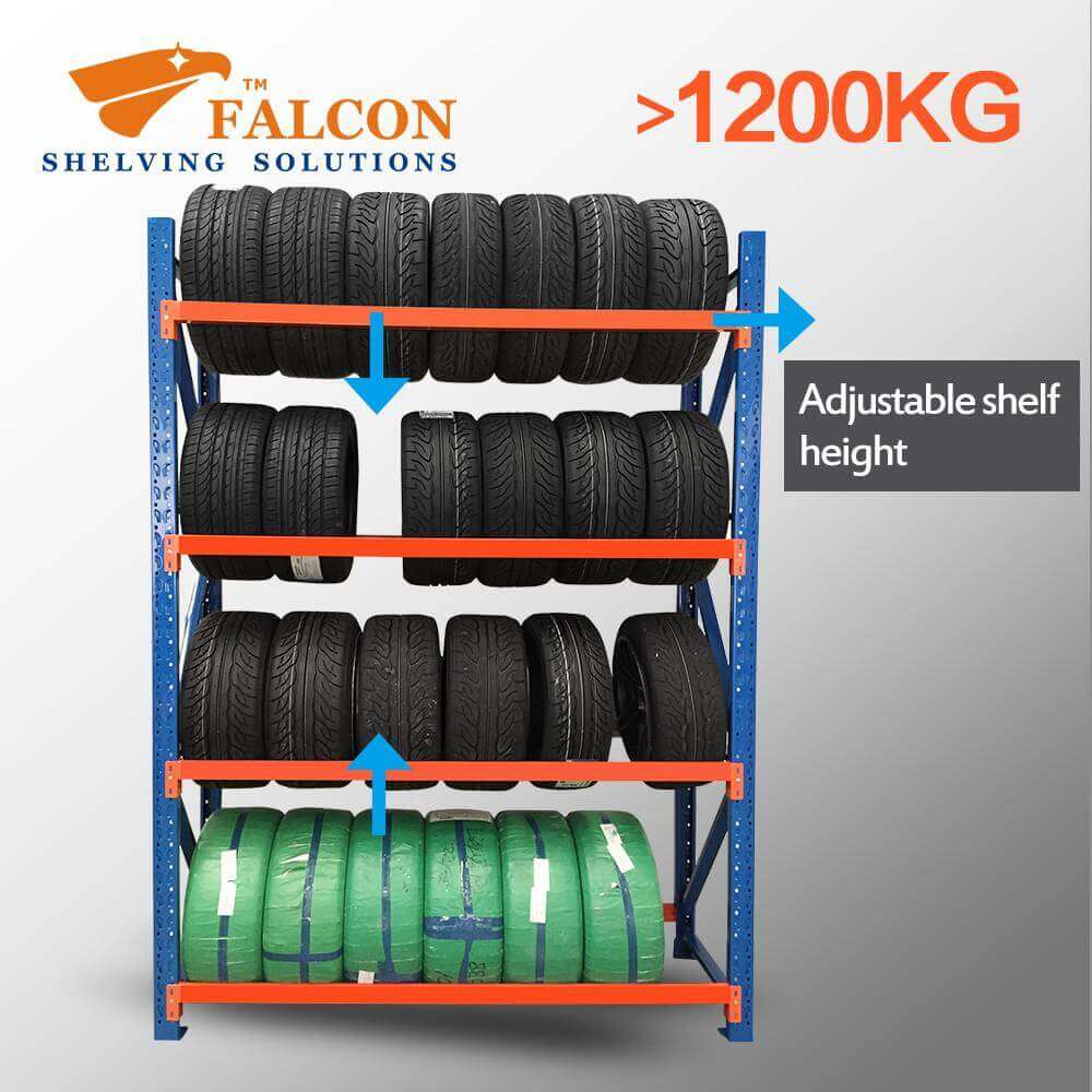 Shelves can be adjusted to store tyres of different sizes