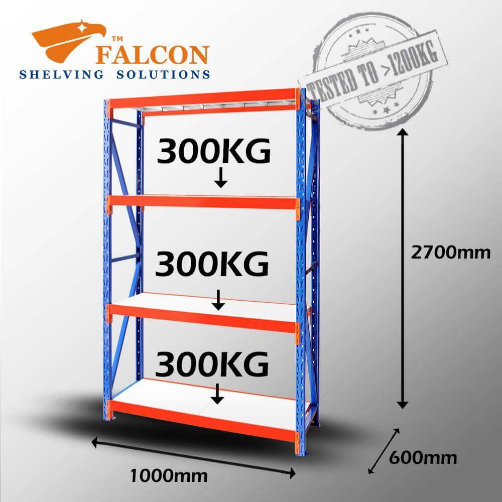 Heavy Duty Shelving 1.0mWx0.6mDx2.7mH Starter 300Kg/L - Falcon Shelving