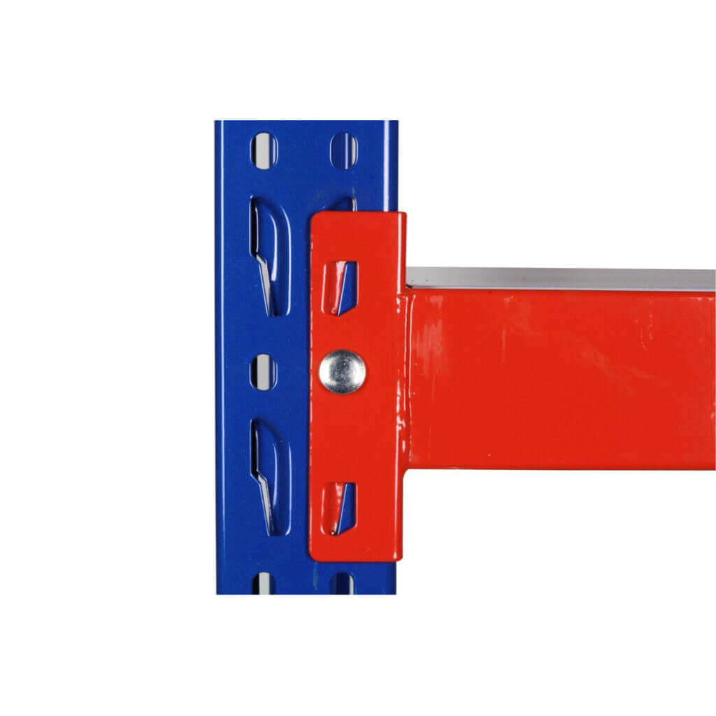 Heavy Duty Beam 1.0mWx0.5mDxAll Heights 150Kg/L Orange slotted into groove on blue upright and fixed with locking pin 