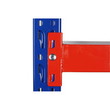 Heavy Duty Beam 1.0mWx0.5mDxAll Heights 150Kg/L Orange slotted into groove on blue upright and fixed with locking pin 