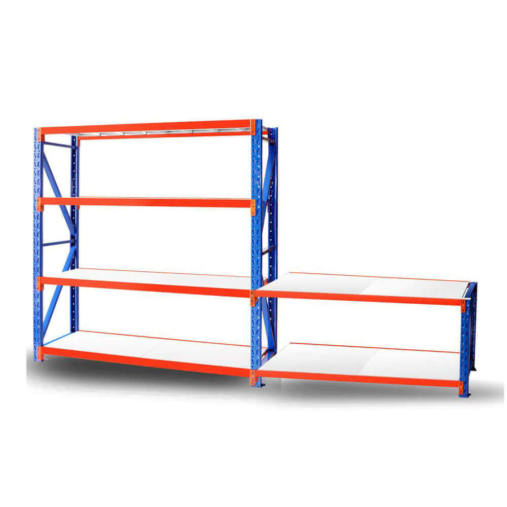 Workbench addon bay connected to a longspan shelving unit