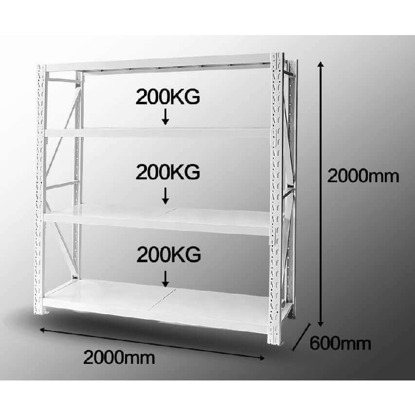 White metal industrial shelving rack with three shelves, each supporting 200kg, dimensions 2000mm width, 2000mm height, 600mm depth