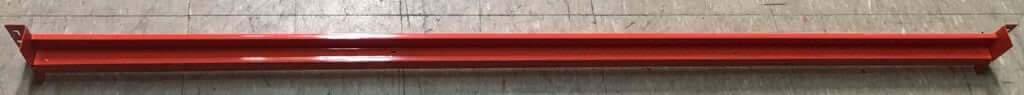 Red heavy duty long span shelving extra beam for 150 kg per level on concrete floor